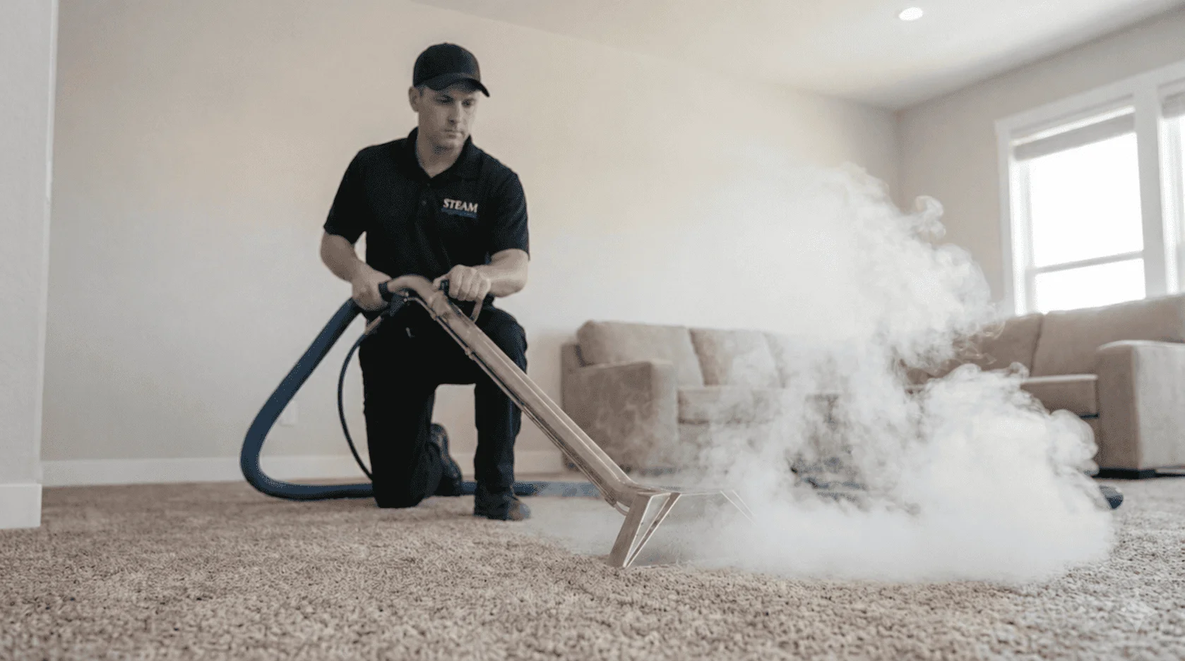 Professional carpet cleaning service in progress