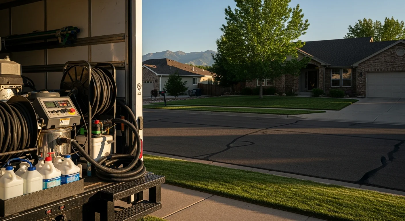 Professional crew working on a residential property in Aurora, Colorado with modern suburban homes visible in the background.