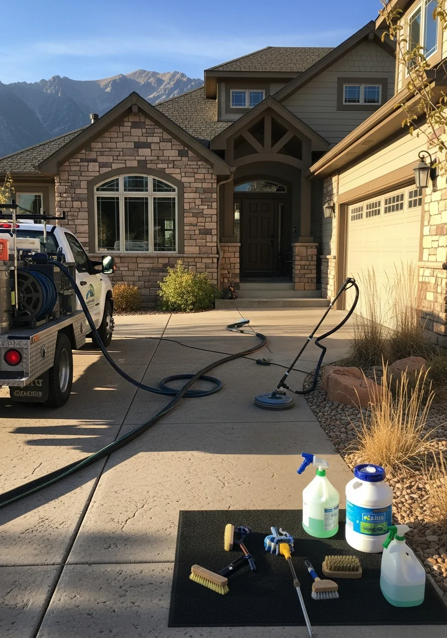 Skilled tradesperson performing detailed work on a Colorado Springs home with the area's natural backdrop.