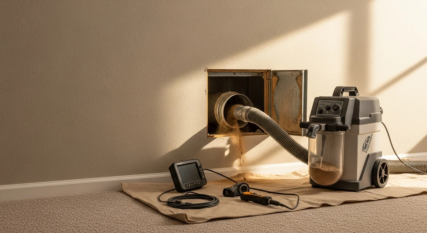 A technician using negative air pressure equipment to clean residential air ducts in an Aurora, Colorado home. Supply vents and ductwork are visible with dust and debris being extracted from the HVAC system.