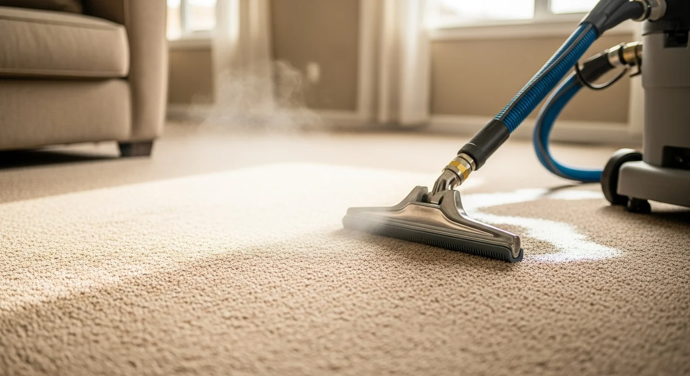 A steam carpet cleaning technician using a hot-water extraction wand on a beige living room carpet inside an Aurora, Colorado single-family home. The cleaned section shows restored pile and even color compared to the uncleaned area nearby.
