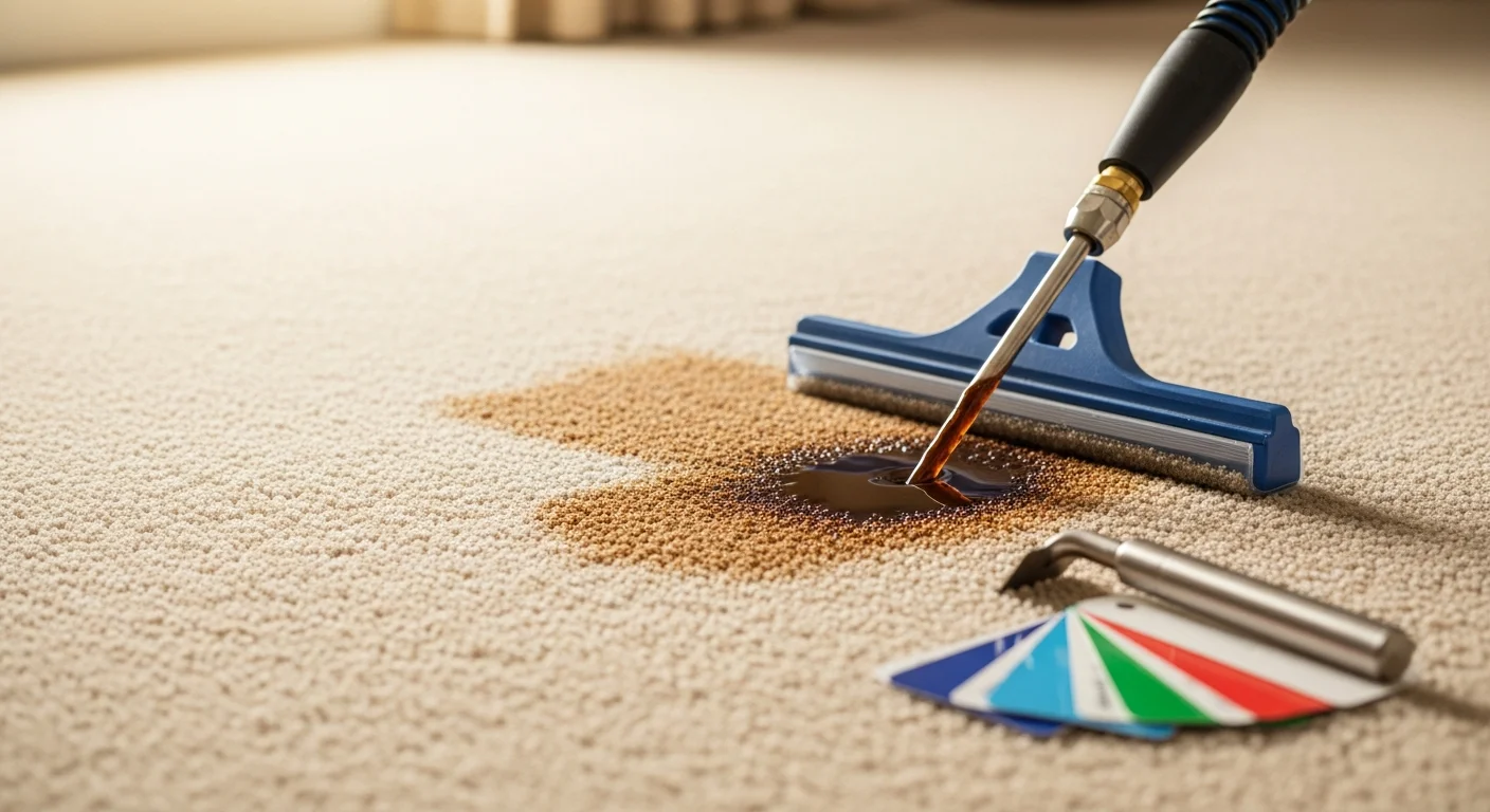 A carpet technician treating a visible pet urine stain on a residential carpet in an Aurora, Colorado home using a professional pre-spray solution. The before-and-after view shows the stained area next to a clean, restored section of the same carpet.