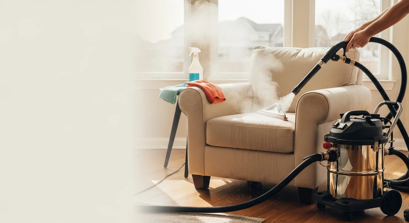 A clean upholstered accent chair with restored fabric color and no visible staining, photographed inside an Aurora, Colorado home. A steam cleaning technician works on a dining chair set in a bright suburban living space.