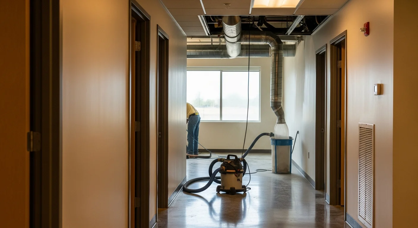 A commercial HVAC vent on the ceiling of an Aurora, Colorado office space showing a technician using extraction equipment to clean the duct interior. The surrounding ceiling tiles and workspace are visible in the background.