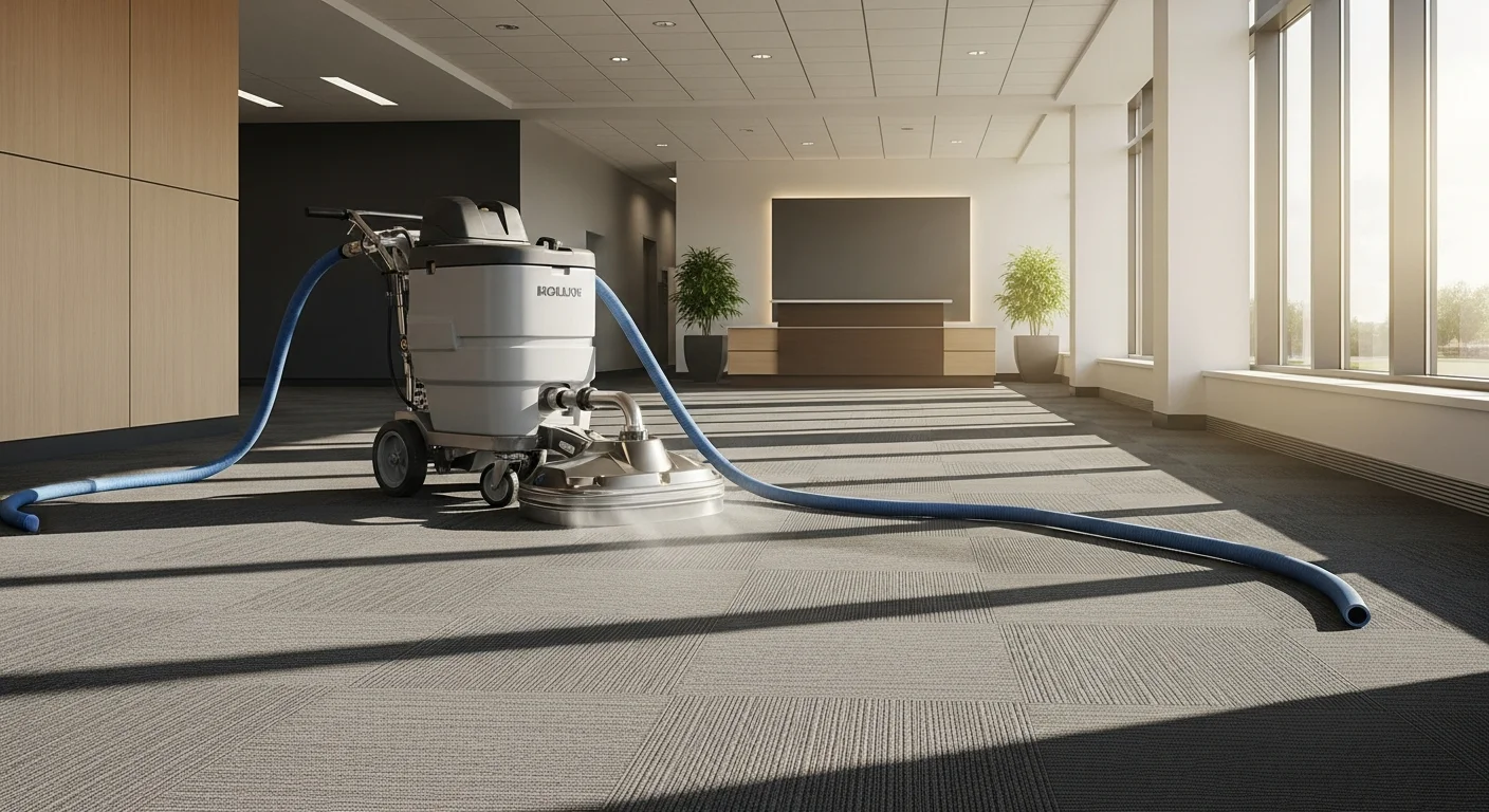 A commercial carpet cleaning technician using hot water extraction equipment on a wide-open office floor in an Aurora, Colorado commercial building. The cleaned section of carpet shows a visibly brighter, restored appearance compared to the uncleaned area nearby.
