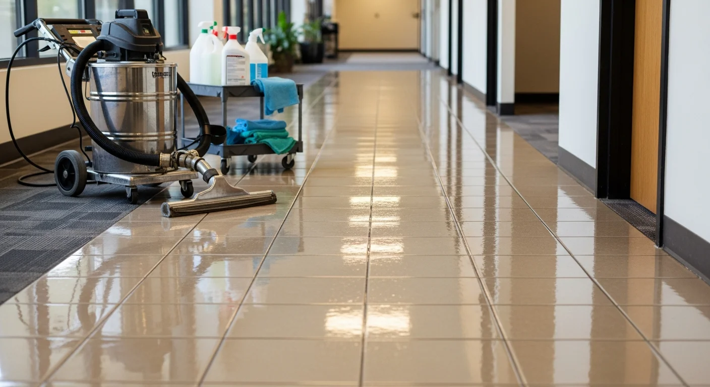 A commercial floor cleaning technician using steam equipment on a tile and grout floor inside an Aurora, Colorado office building. The cleaned section shows restored grout color and a clean, dry surface ready for foot traffic.