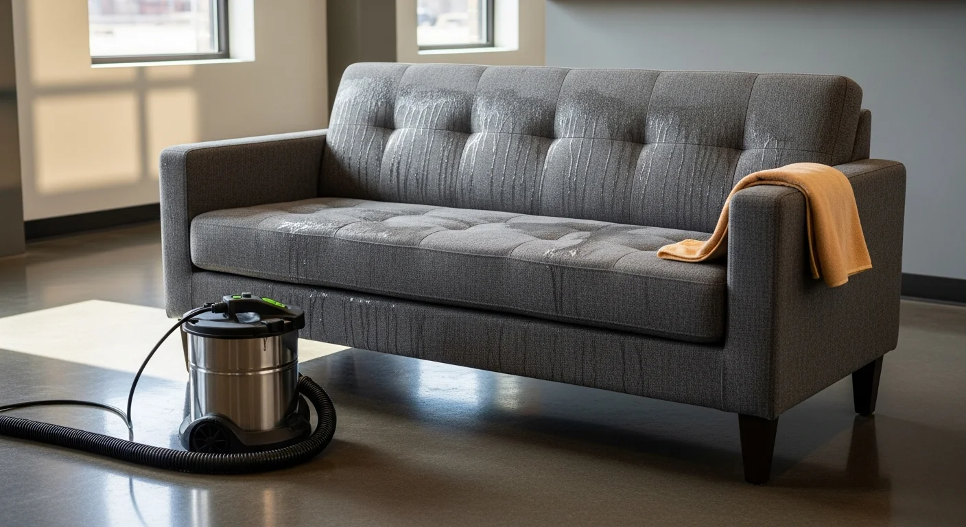 A commercial upholstery cleaning technician steam cleaning a row of fabric office chairs in an Aurora, Colorado corporate office. The seating shows visible soil removal in progress on the armrests and seat cushions.