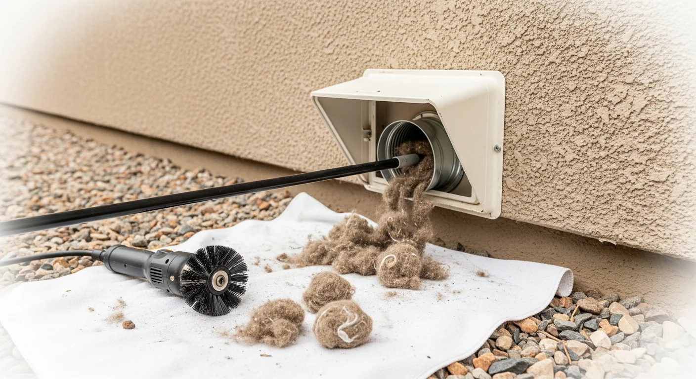 A technician removing compacted lint from a residential dryer vent duct in an Aurora, Colorado home. The exterior exhaust cap is visible with cleared airflow confirmed after the cleaning.