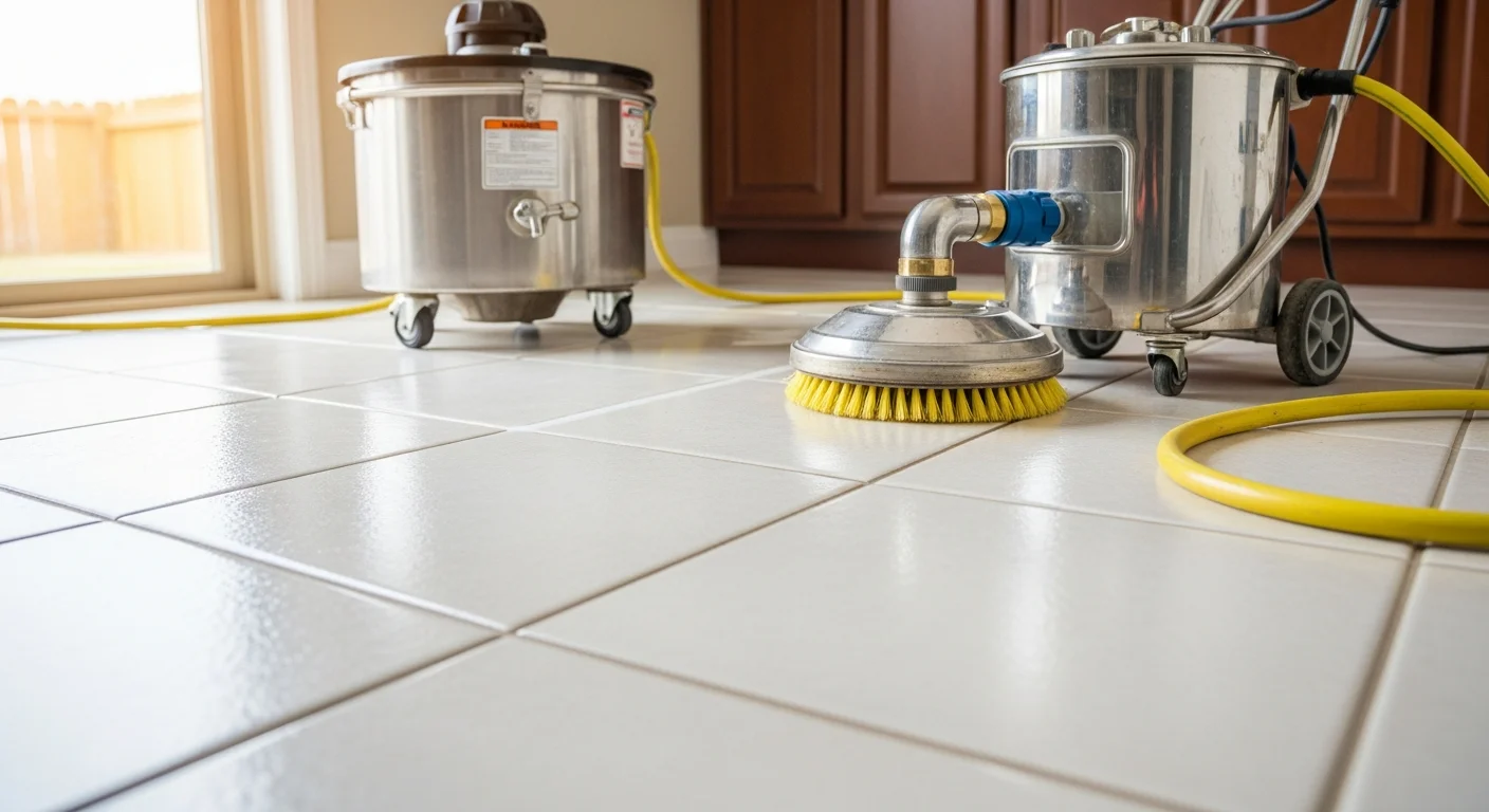 Close-up of freshly cleaned white grout lines between ceramic floor tiles in an Aurora, Colorado kitchen. The grout lines are bright and free of discoloration after professional steam cleaning.
