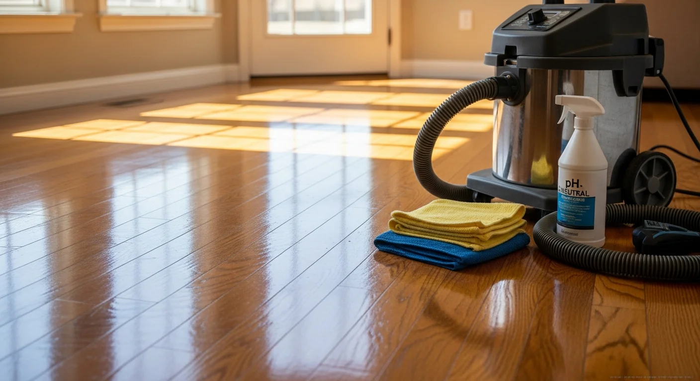 A professional technician cleaning hardwood floors in an Aurora, Colorado home using low-moisture equipment. The finished floor section shows restored natural wood color and sheen compared to the dull, hazy section not yet cleaned.