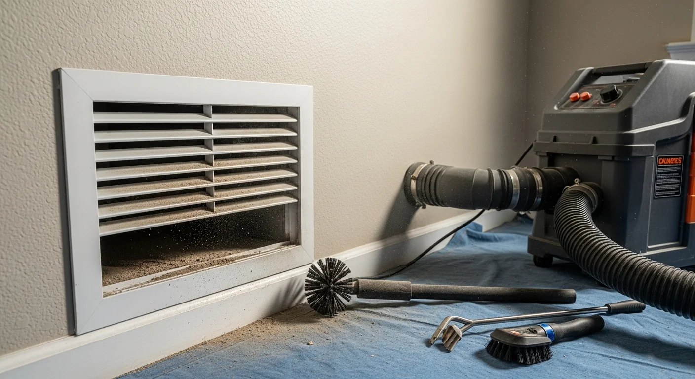A technician cleaning interior HVAC ductwork in an Aurora, Colorado home, with a negative air pressure vacuum attached to the vent opening. Dust and debris are visible being extracted from the duct system.