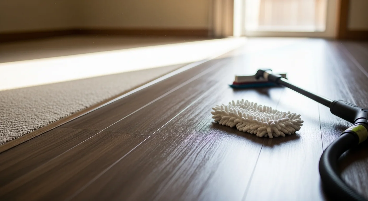 A professional floor cleaning technician using a microfiber mop and low-moisture solution on luxury vinyl plank flooring inside an Aurora, Colorado home. The planks show a clean, streak-free finish with no visible grit or residue.