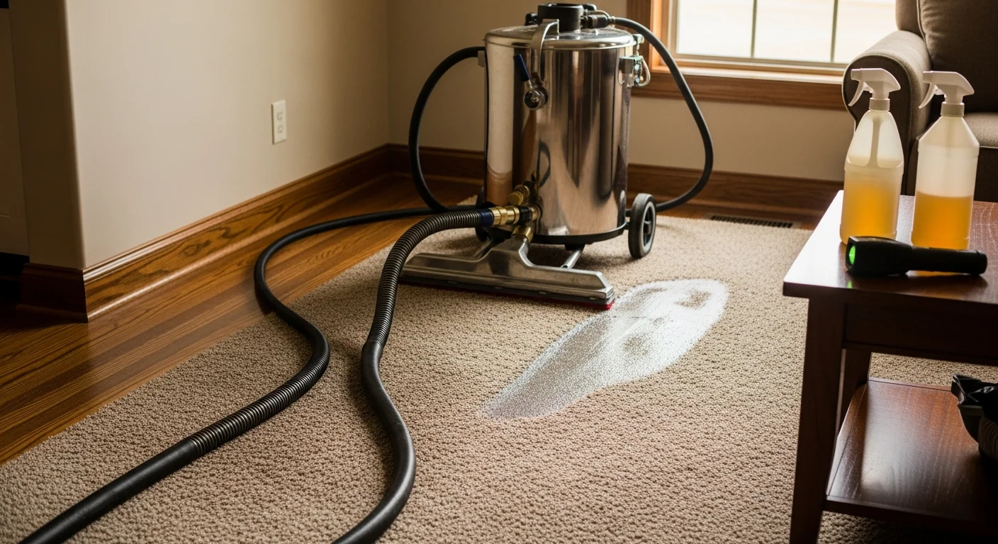 A carpet cleaning technician using a steam extraction wand on a light-colored residential carpet in an Aurora, Colorado home, with a UV blacklight tool visible nearby used to locate pet urine deposits before treatment.