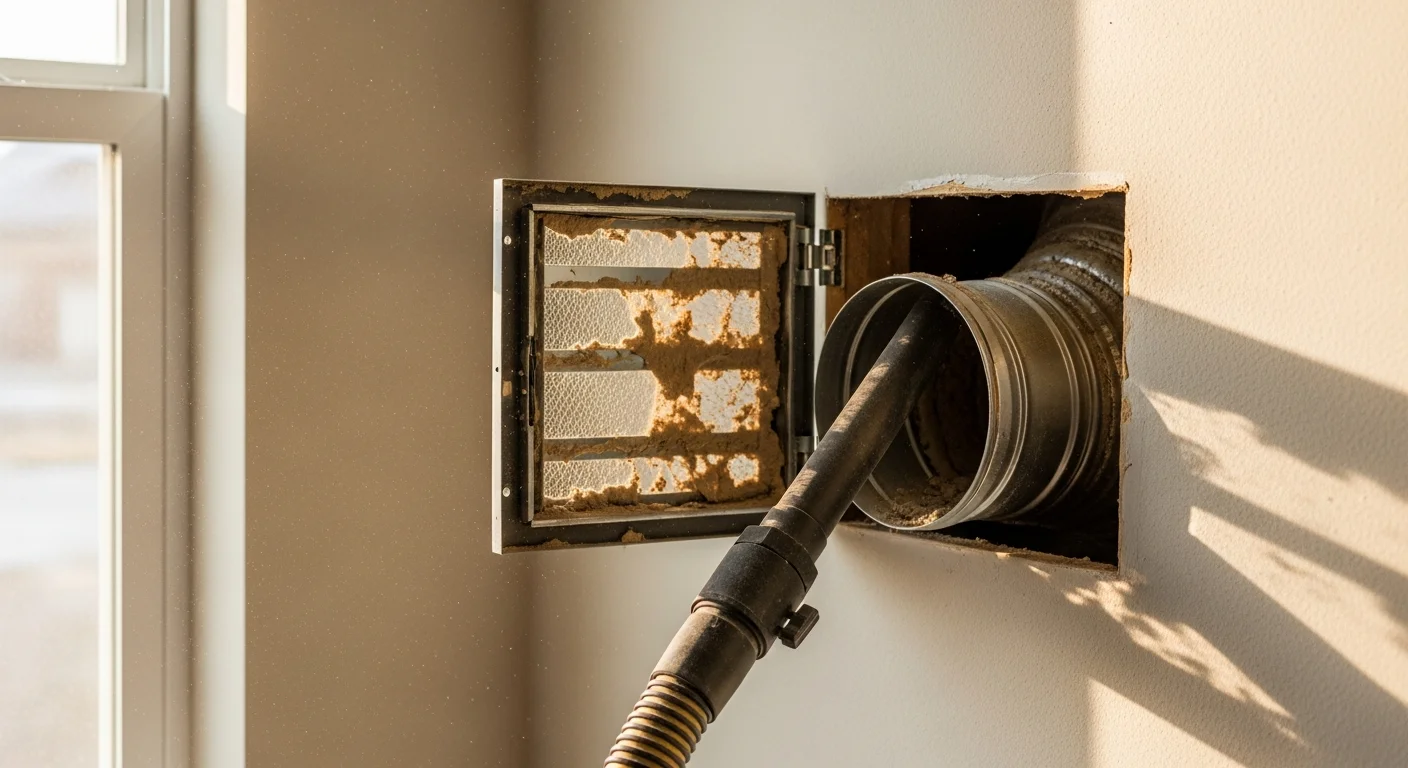 A technician cleaning interior air ducts in an Aurora, Colorado home, with a vacuum collection unit attached to the main trunk line and dust debris visible at the vent opening. The home's supply vent cover is removed and set aside on a carpeted floor during the cleaning process.