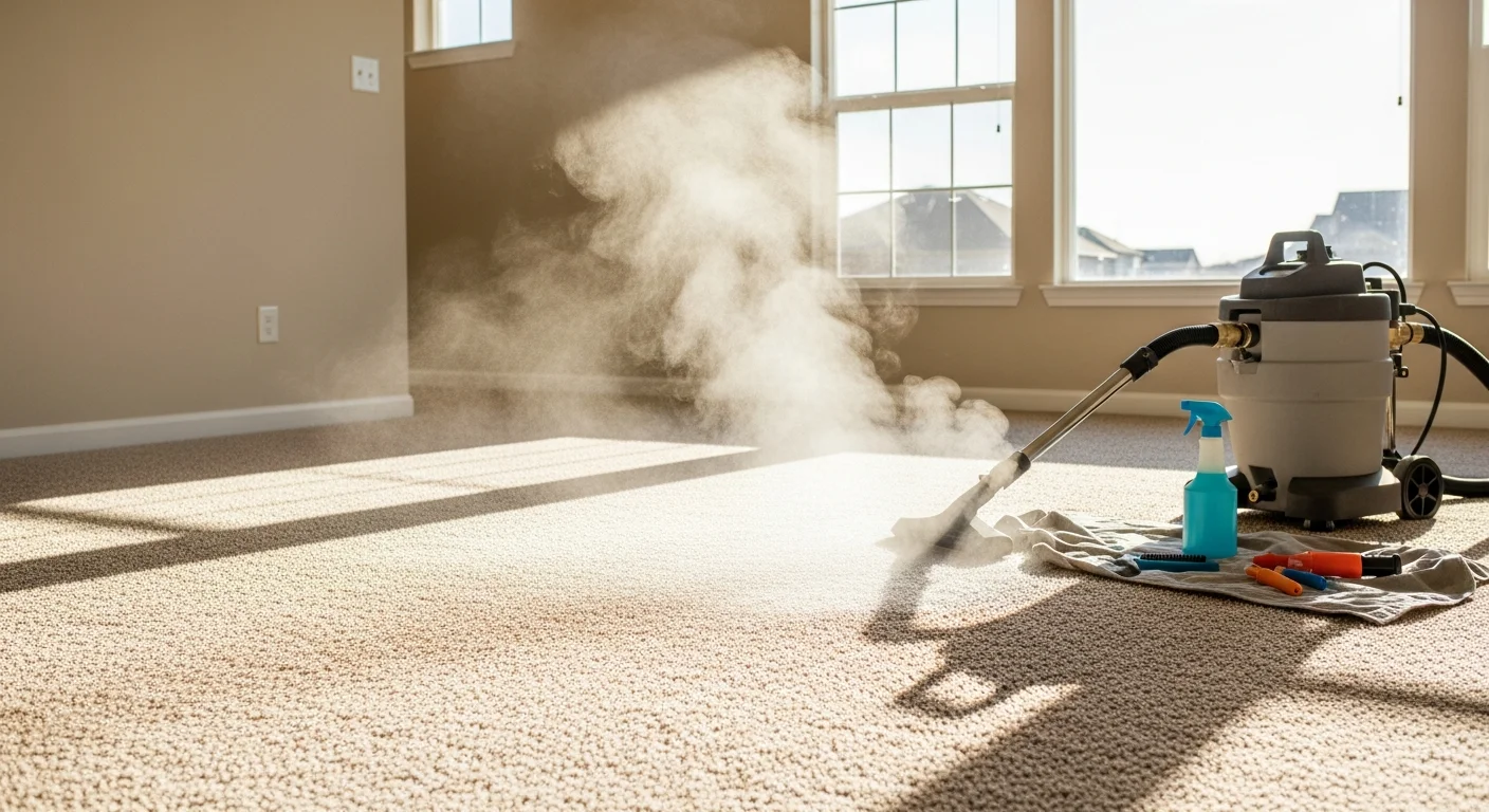 A freshly steam-cleaned residential carpet in an Aurora, Colorado home showing restored fiber texture and uniform color across a high-traffic living room area. A steam cleaning technician operates a hot-water extraction wand near a suburban home's carpeted hallway.