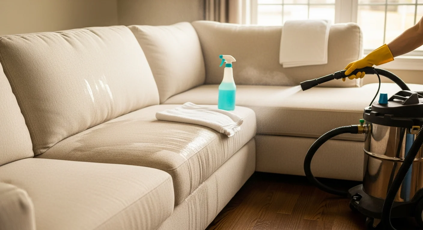 A clean, freshly steam-cleaned fabric sofa in an Aurora, Colorado living room with bright natural light showing restored fabric color and texture. A Steam Carpet Cleaning technician completes a final inspection of the cushions after hot water extraction.