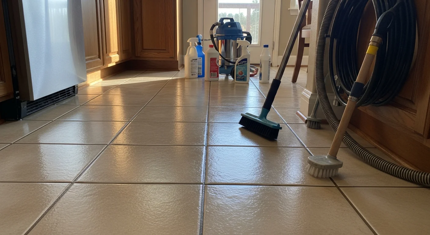 Close-up of freshly cleaned ceramic tile floor with bright grout lines in an Aurora, Colorado kitchen. A Steam Carpet Cleaning technician applies a grout sealer along the floor edge near the kitchen cabinets.