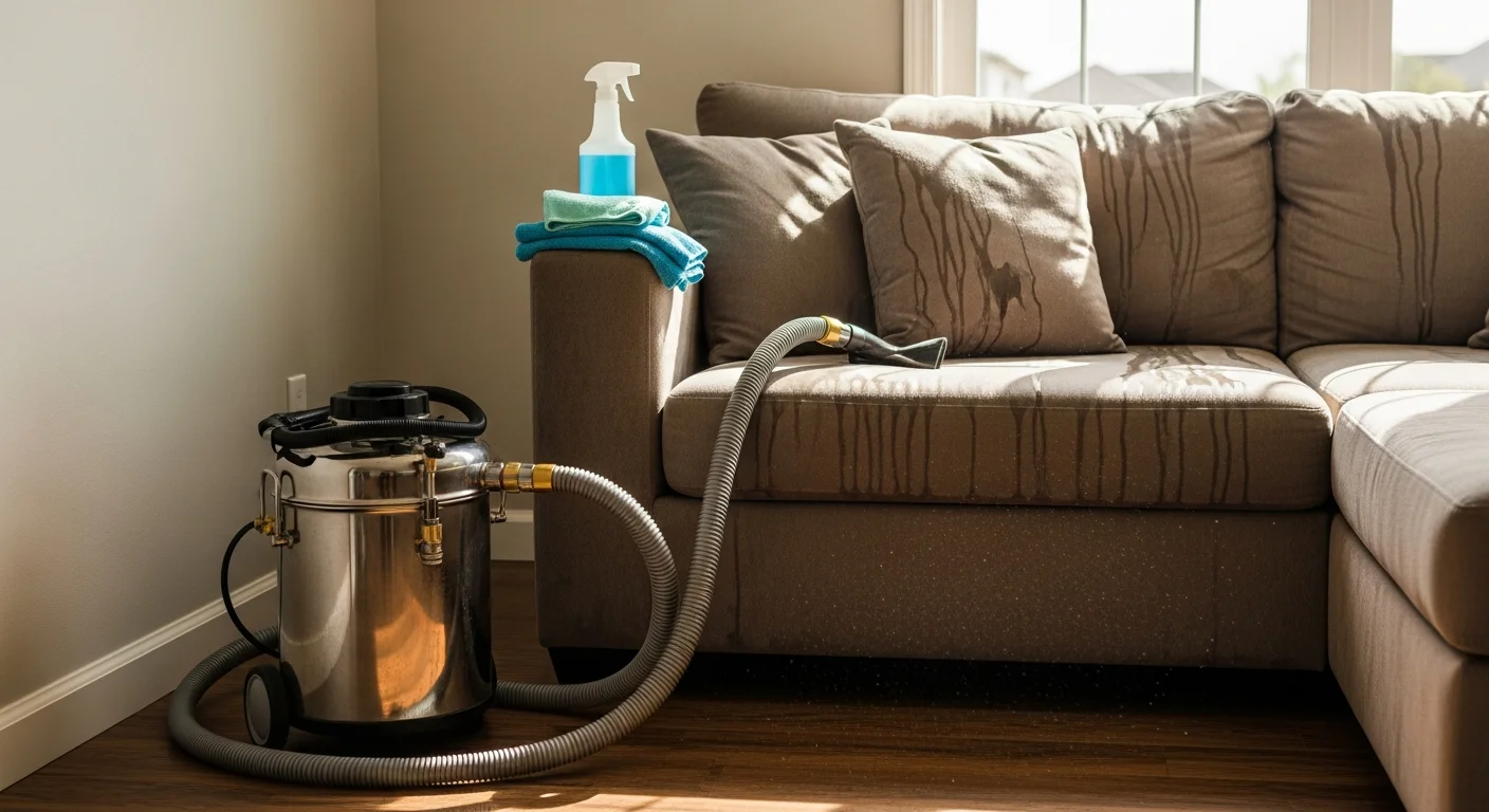 A clean fabric sofa in an Aurora, Colorado living room after professional upholstery cleaning, showing restored color and no visible staining. A Steam Carpet Cleaning technician uses a hot-water extraction wand on a sectional cushion in a suburban Aurora home.