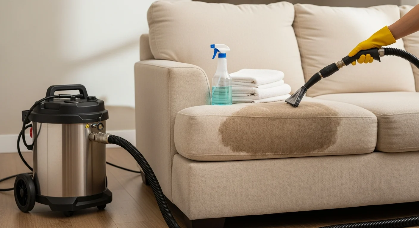 A technician using professional hot-water extraction equipment to remove a visible stain from a fabric sofa in an Aurora, Colorado home. The before-and-after contrast shows clean, restored upholstery fabric next to the treated area.